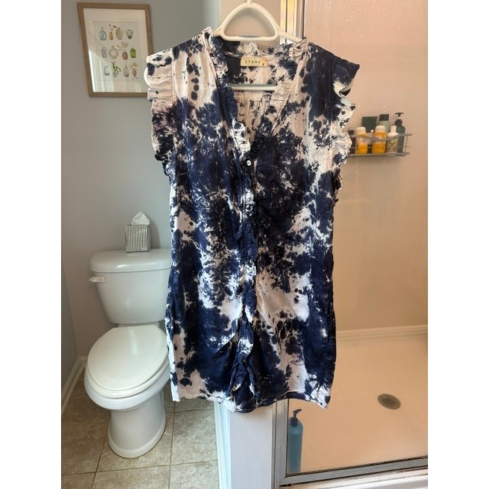 STARK X Women's M Navy White Tie Dye Ruffle Cotton Shift Dress Made USA